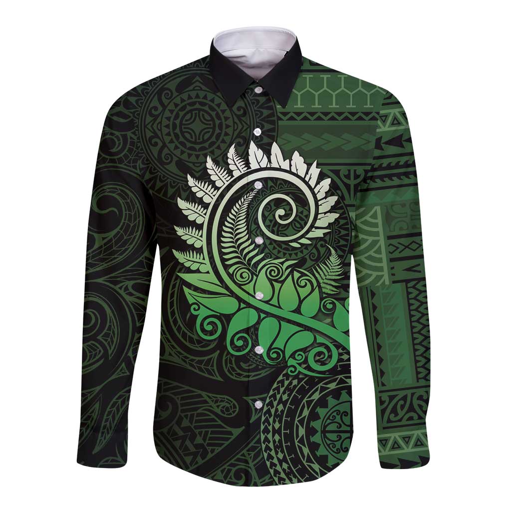 New Zealand Maori Koru Fern Long Sleeve Button Shirt Spiral Polynesian Style Green