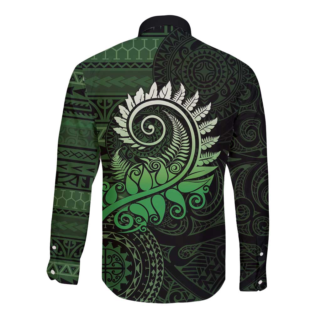 New Zealand Maori Koru Fern Long Sleeve Button Shirt Spiral Polynesian Style Green