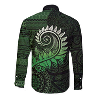 New Zealand Maori Koru Fern Long Sleeve Button Shirt Spiral Polynesian Style Green