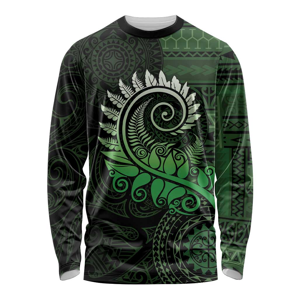 New Zealand Maori Koru Fern Long Sleeve Shirt Spiral Polynesian Style Green