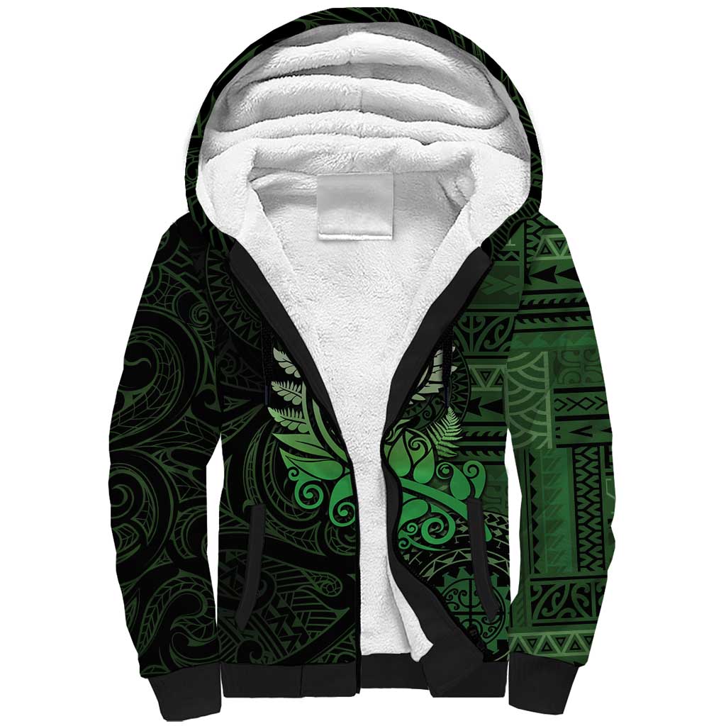 New Zealand Maori Koru Fern Sherpa Hoodie Spiral Polynesian Style Green