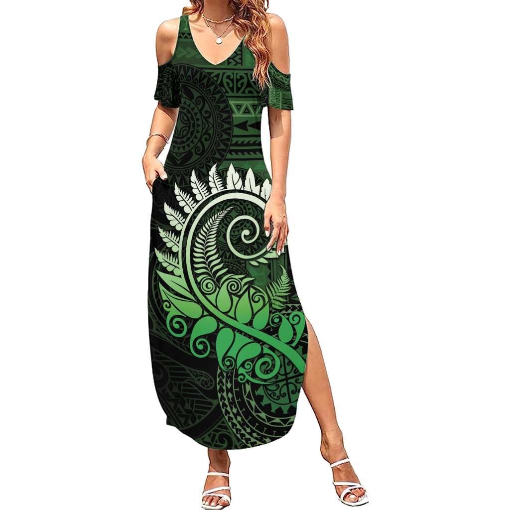 New Zealand Maori Koru Fern Summer Maxi Dress Spiral Polynesian Style Green