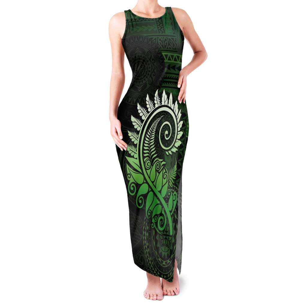 New Zealand Maori Koru Fern Tank Maxi Dress Spiral Polynesian Style Green