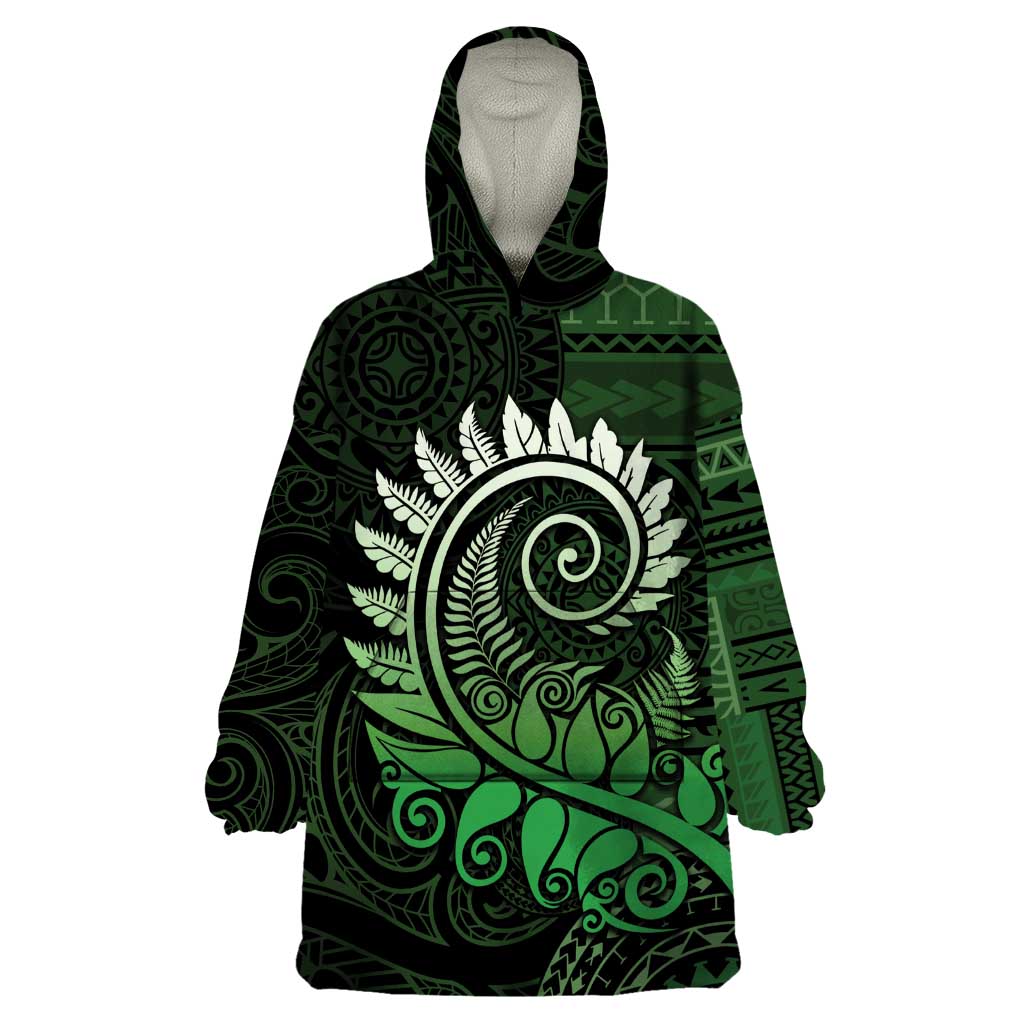 New Zealand Maori Koru Fern Wearable Blanket Hoodie Spiral Polynesian Style Green