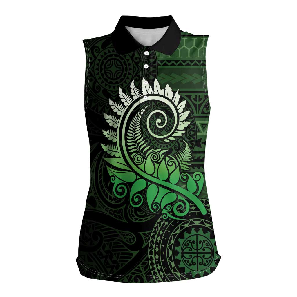 New Zealand Maori Koru Fern Women Sleeveless Polo Shirt Spiral Polynesian Style Green