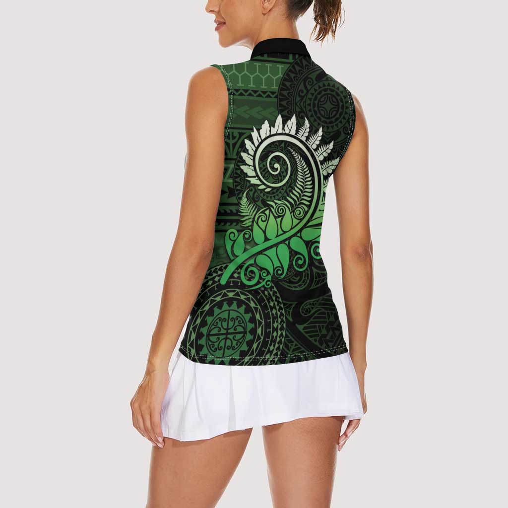 New Zealand Maori Koru Fern Women Sleeveless Polo Shirt Spiral Polynesian Style Green