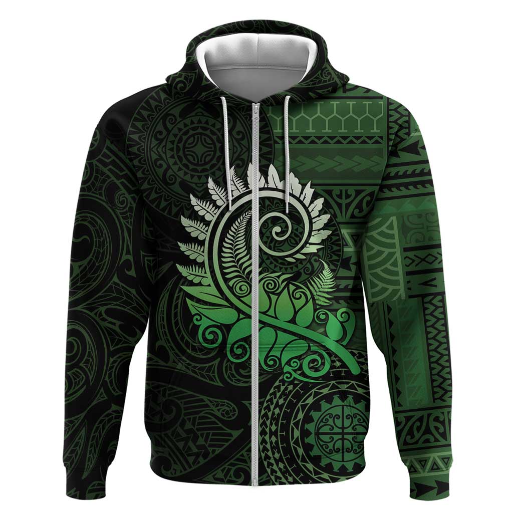 New Zealand Maori Koru Fern Zip Hoodie Spiral Polynesian Style Green