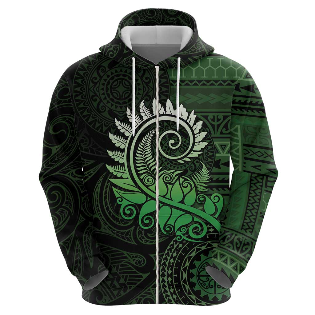 New Zealand Maori Koru Fern Zip Hoodie Spiral Polynesian Style Green