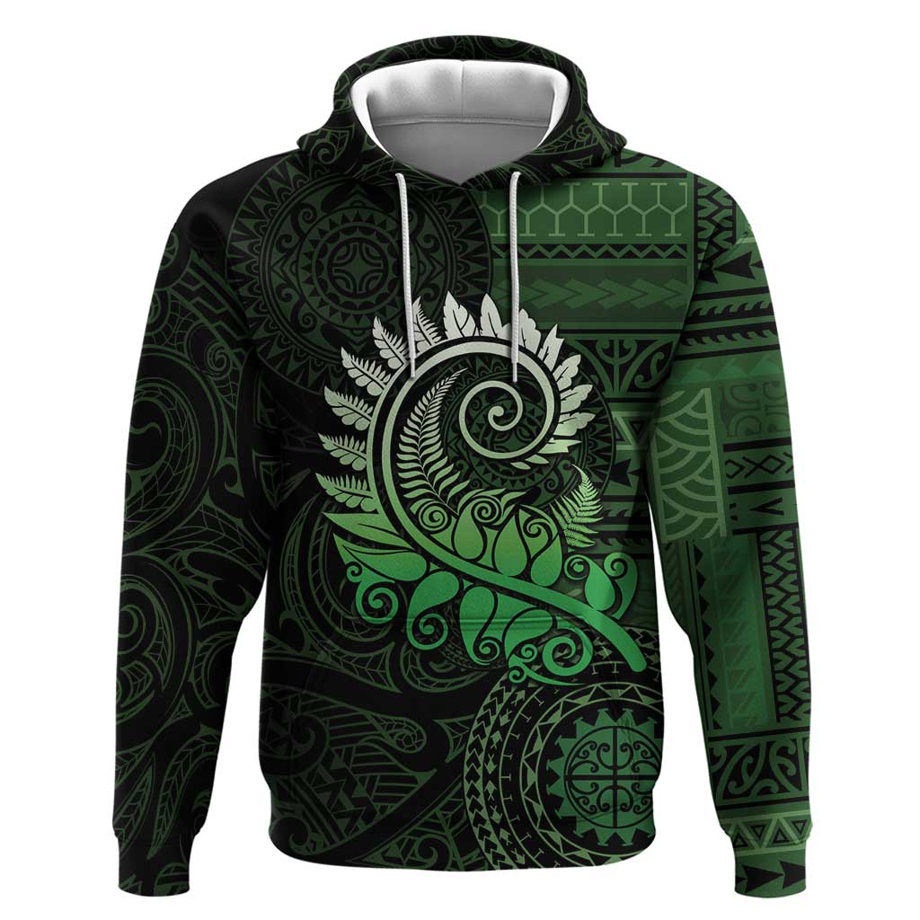 New Zealand Maori Koru Fern Zip Hoodie Spiral Polynesian Style Green