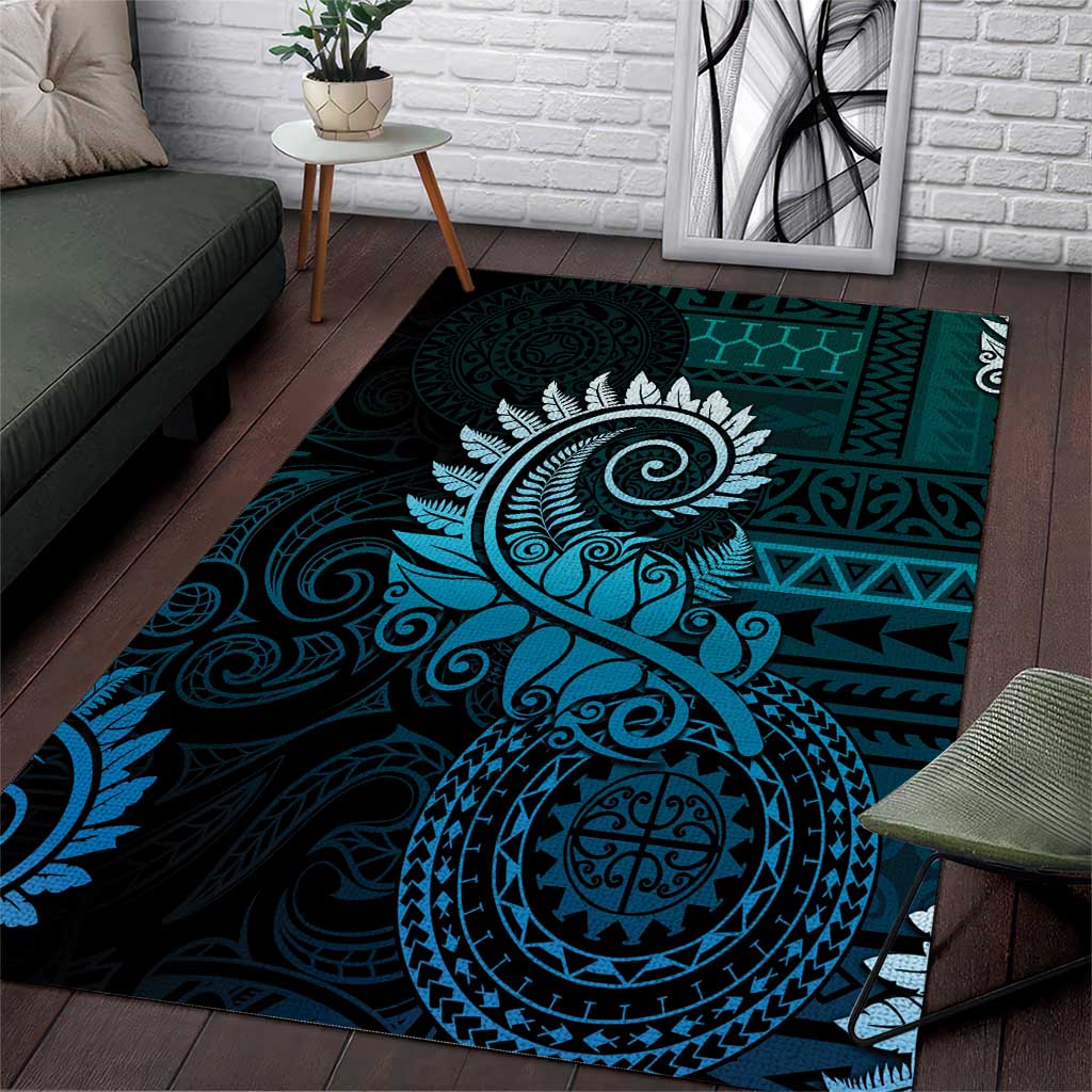 New Zealand Maori Koru Fern Area Rug Spiral Polynesian Style Aqua Gradient