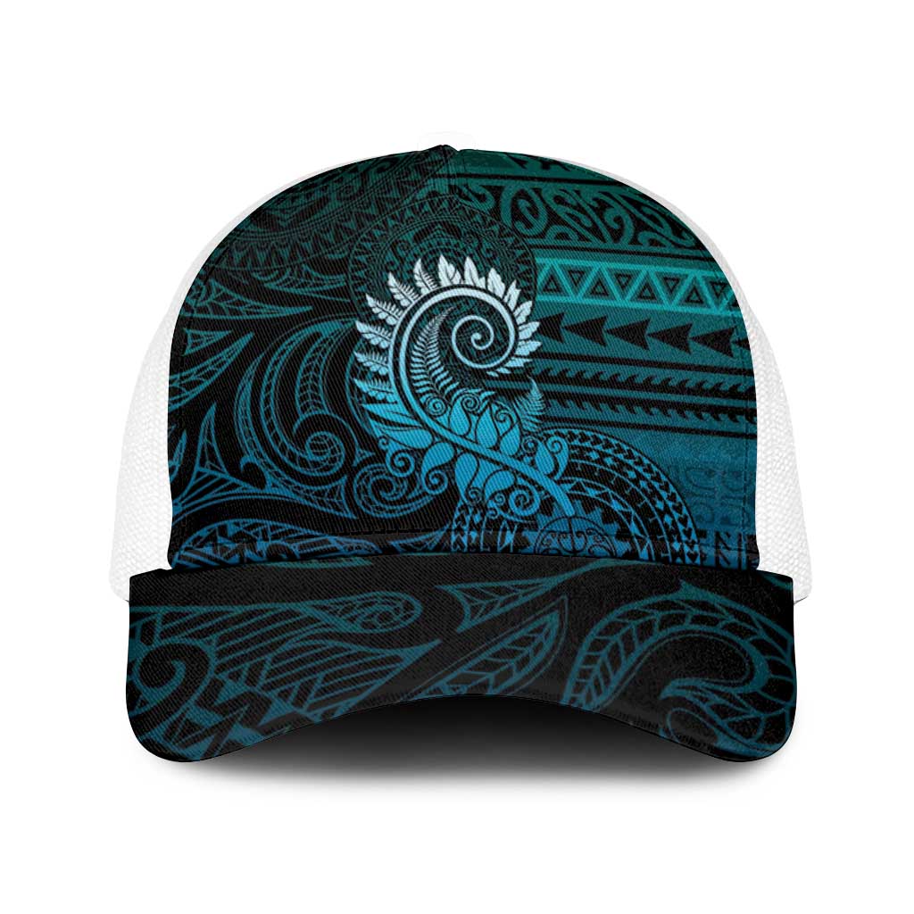 New Zealand Maori Koru Fern Baseball Net Cap Spiral Polynesian Style Aqua Gradient - Polynesian Pride