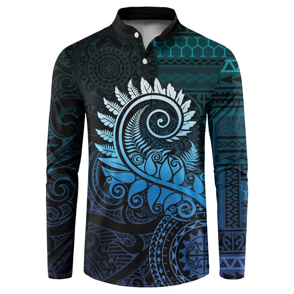 New Zealand Maori Koru Fern Button Sweatshirt Spiral Polynesian Style Aqua Gradient