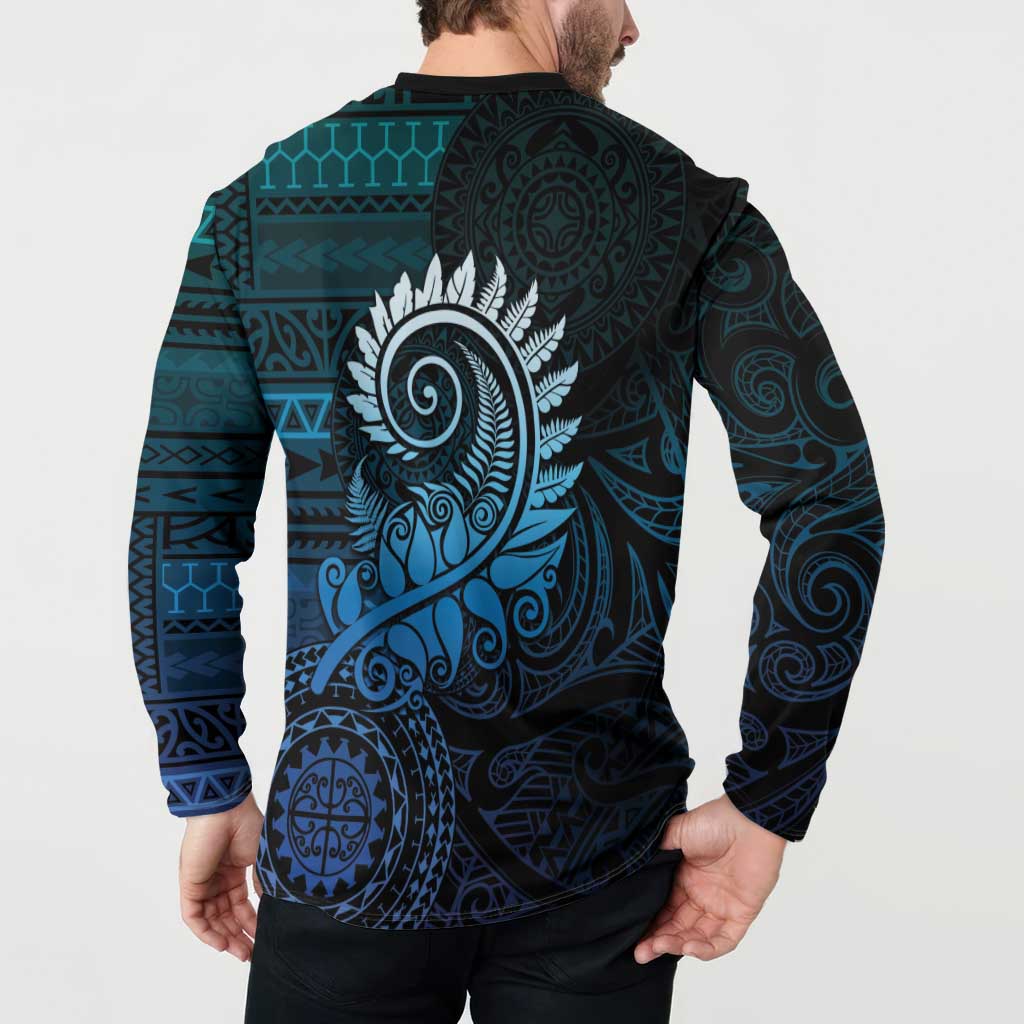 New Zealand Maori Koru Fern Button Sweatshirt Spiral Polynesian Style Aqua Gradient LT05 - Polynesian Pride