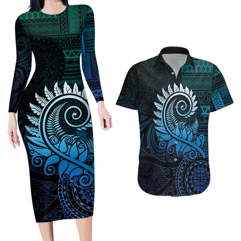 New Zealand Maori Koru Fern Couples Matching Long Sleeve Bodycon Dress and Hawaiian Shirt Spiral Polynesian Style Aqua Gradient