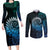 New Zealand Maori Koru Fern Couples Matching Long Sleeve Bodycon Dress and Long Sleeve Button Shirt Spiral Polynesian Style Aqua Gradient