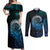 New Zealand Maori Koru Fern Couples Matching Off Shoulder Maxi Dress and Long Sleeve Button Shirt Spiral Polynesian Style Aqua Gradient