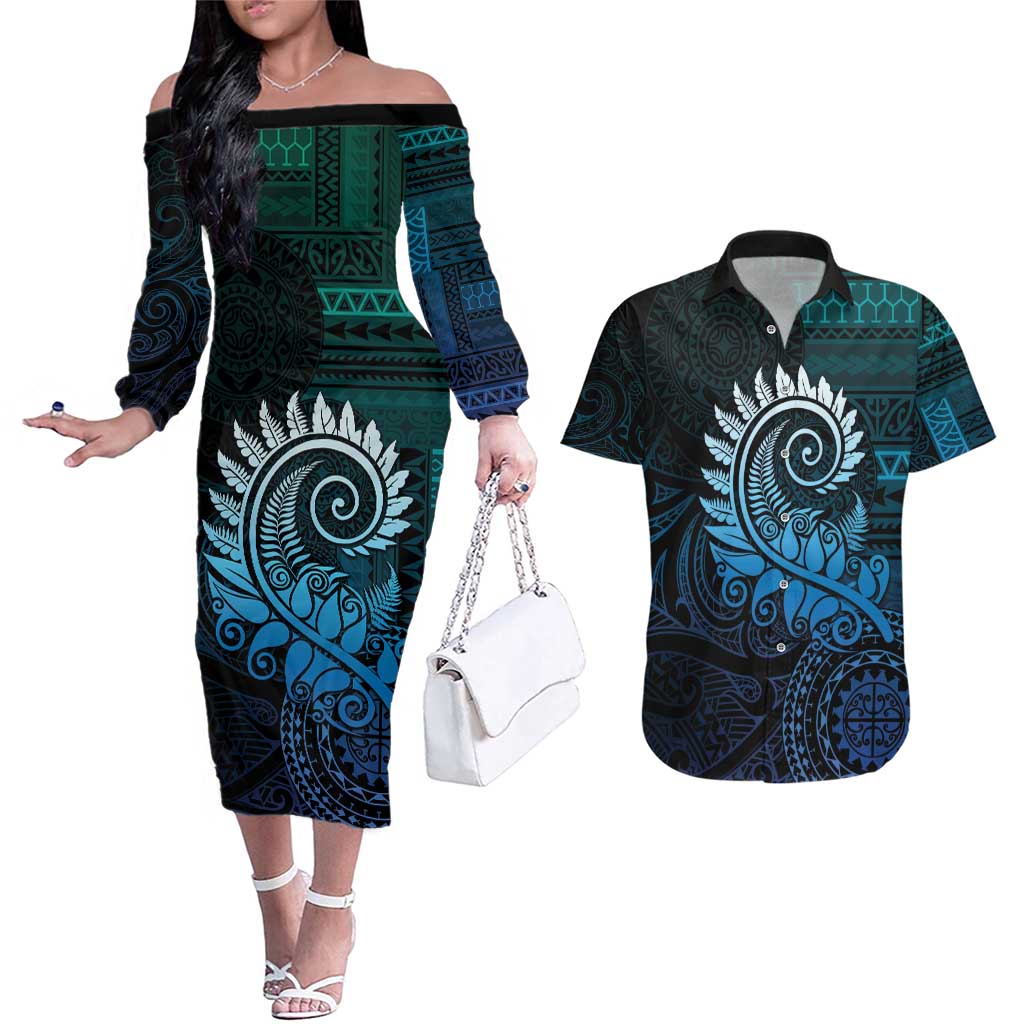 New Zealand Maori Koru Fern Couples Matching Off The Shoulder Long Sleeve Dress and Hawaiian Shirt Spiral Polynesian Style Aqua Gradient