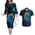 New Zealand Maori Koru Fern Couples Matching Off The Shoulder Long Sleeve Dress and Hawaiian Shirt Spiral Polynesian Style Aqua Gradient