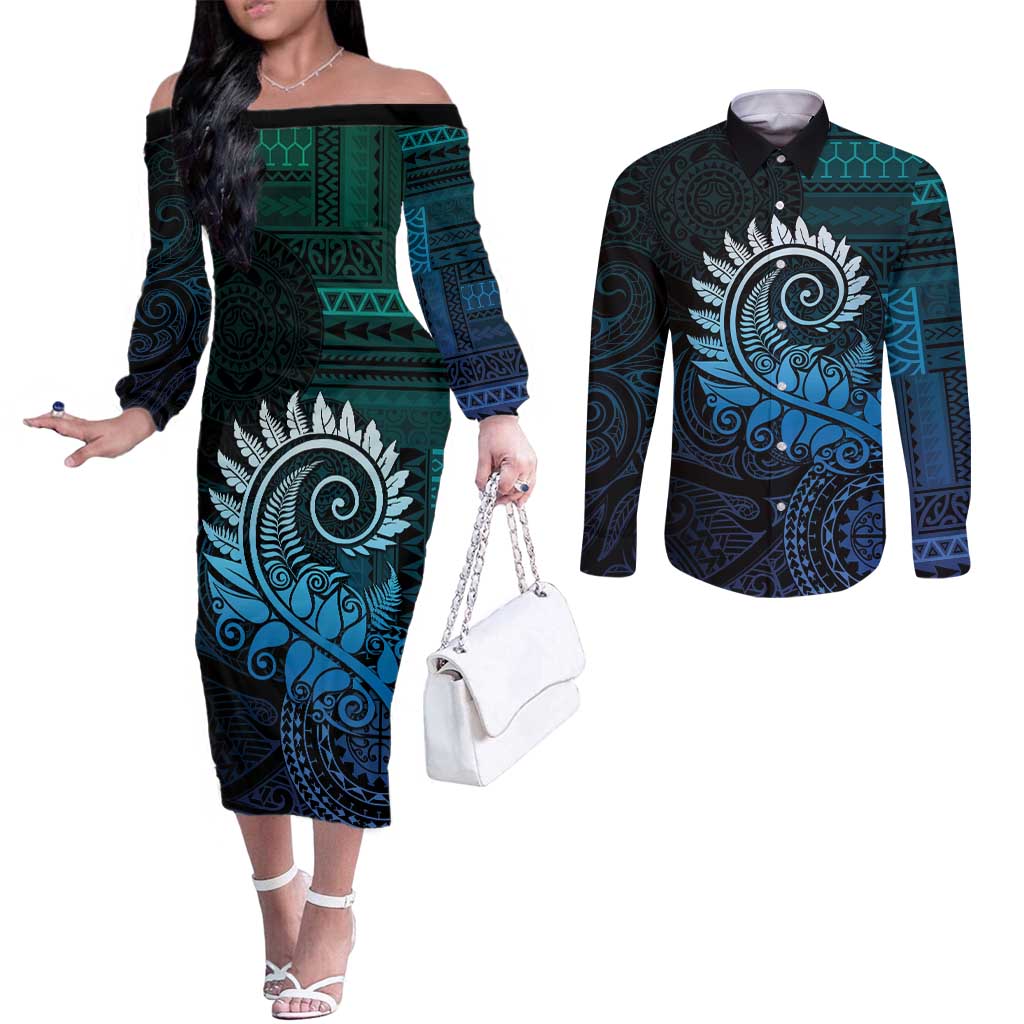 New Zealand Maori Koru Fern Couples Matching Off The Shoulder Long Sleeve Dress and Long Sleeve Button Shirt Spiral Polynesian Style Aqua Gradient