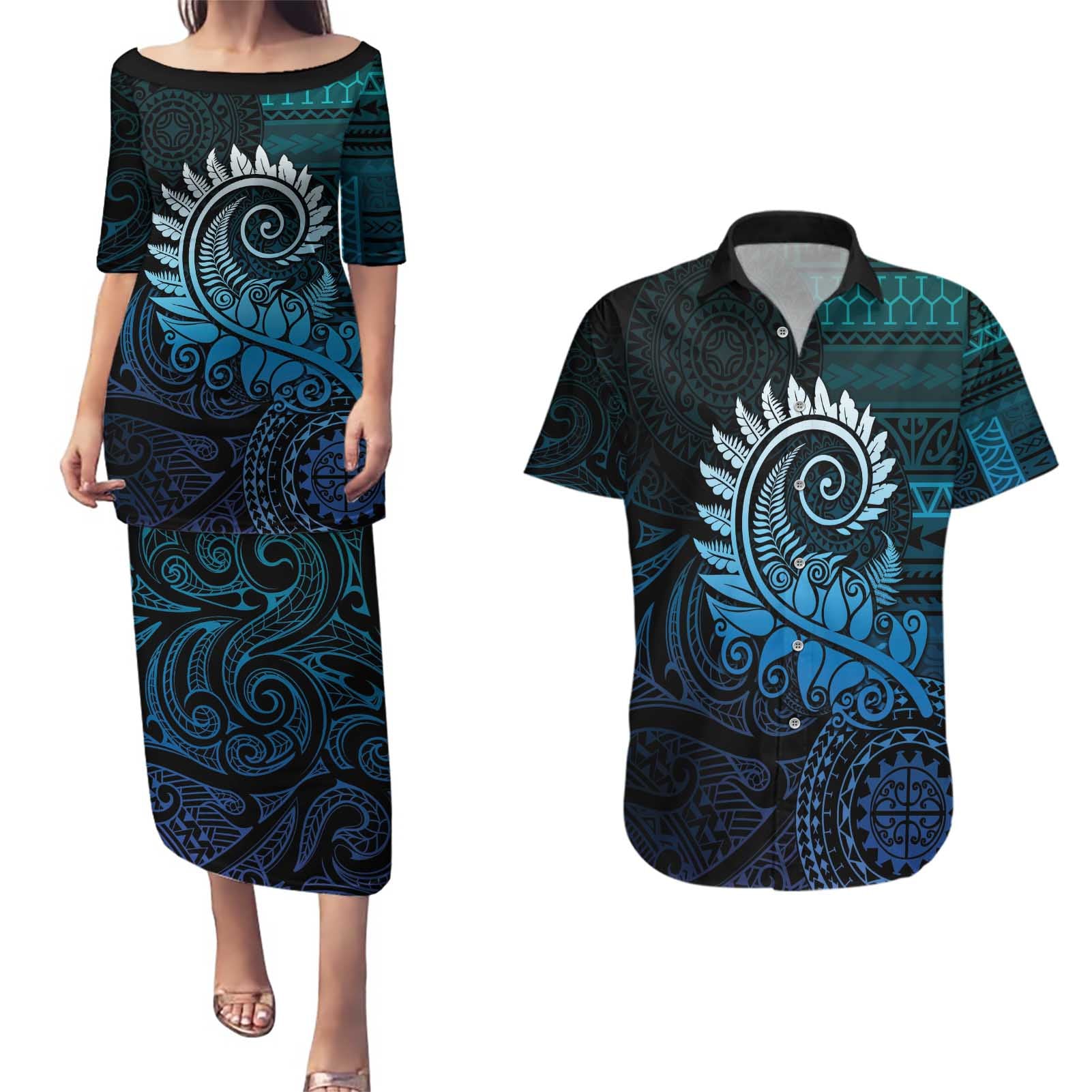 New Zealand Maori Koru Fern Couples Matching Puletasi and Hawaiian Shirt Spiral Polynesian Style Aqua Gradient