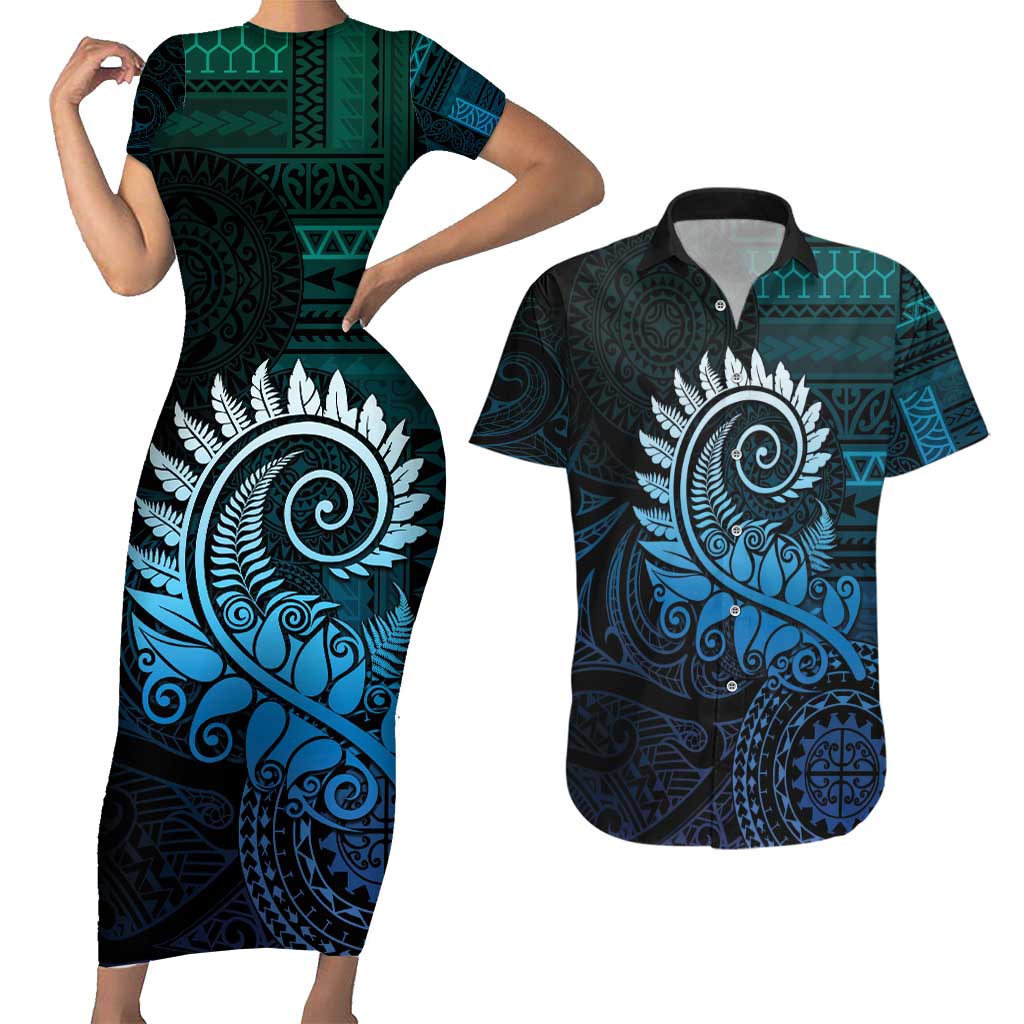 New Zealand Maori Koru Fern Couples Matching Short Sleeve Bodycon Dress and Hawaiian Shirt Spiral Polynesian Style Aqua Gradient LT05 Aqua - Polynesian Pride