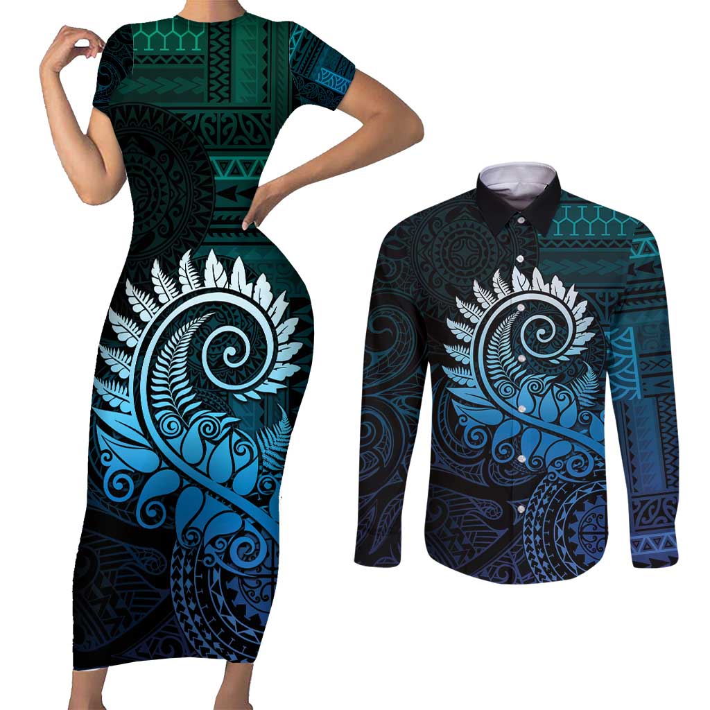 New Zealand Maori Koru Fern Couples Matching Short Sleeve Bodycon Dress and Long Sleeve Button Shirt Spiral Polynesian Style Aqua Gradient