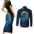 New Zealand Maori Koru Fern Couples Matching Short Sleeve Bodycon Dress and Long Sleeve Button Shirt Spiral Polynesian Style Aqua Gradient