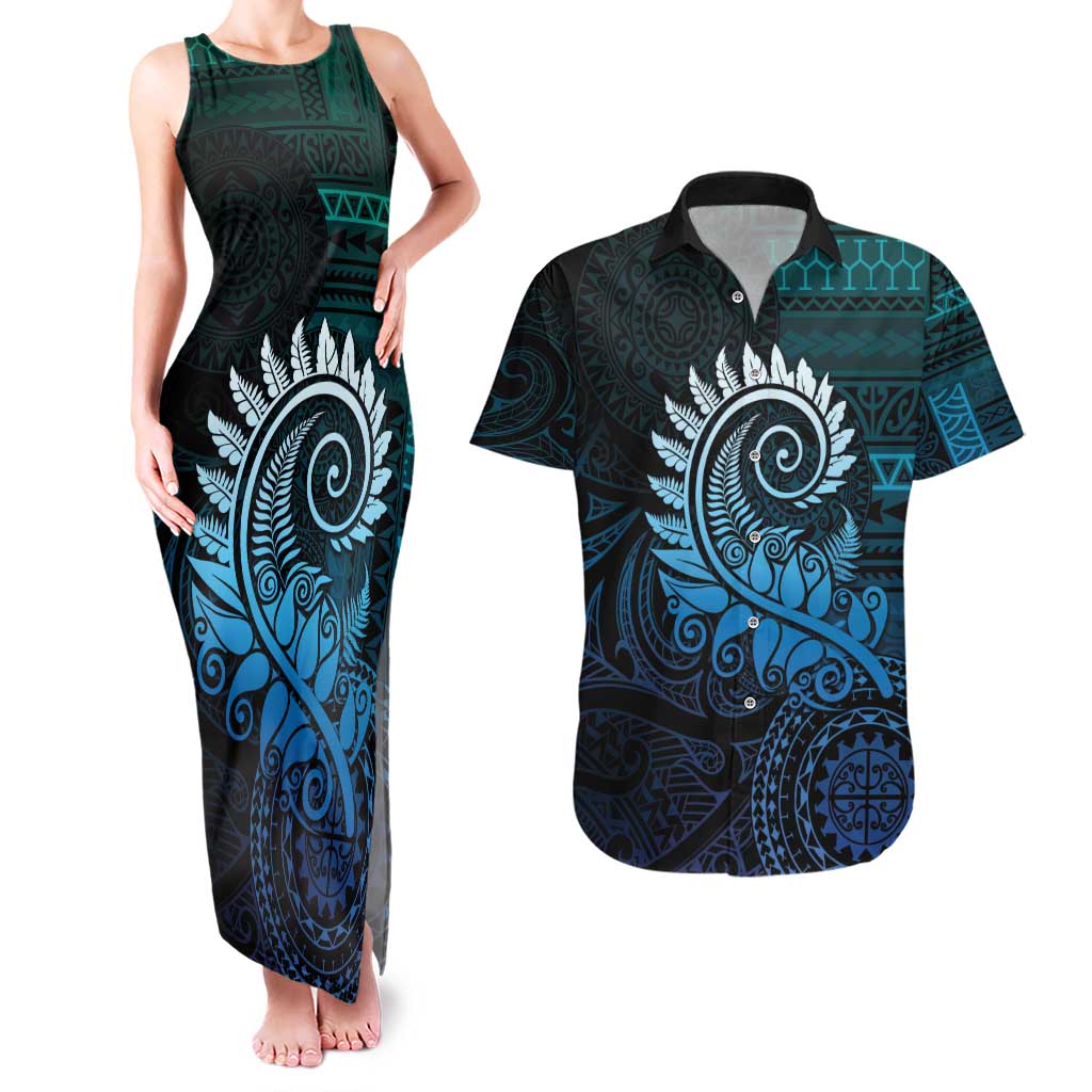 New Zealand Maori Koru Fern Couples Matching Tank Maxi Dress and Hawaiian Shirt Spiral Polynesian Style Aqua Gradient