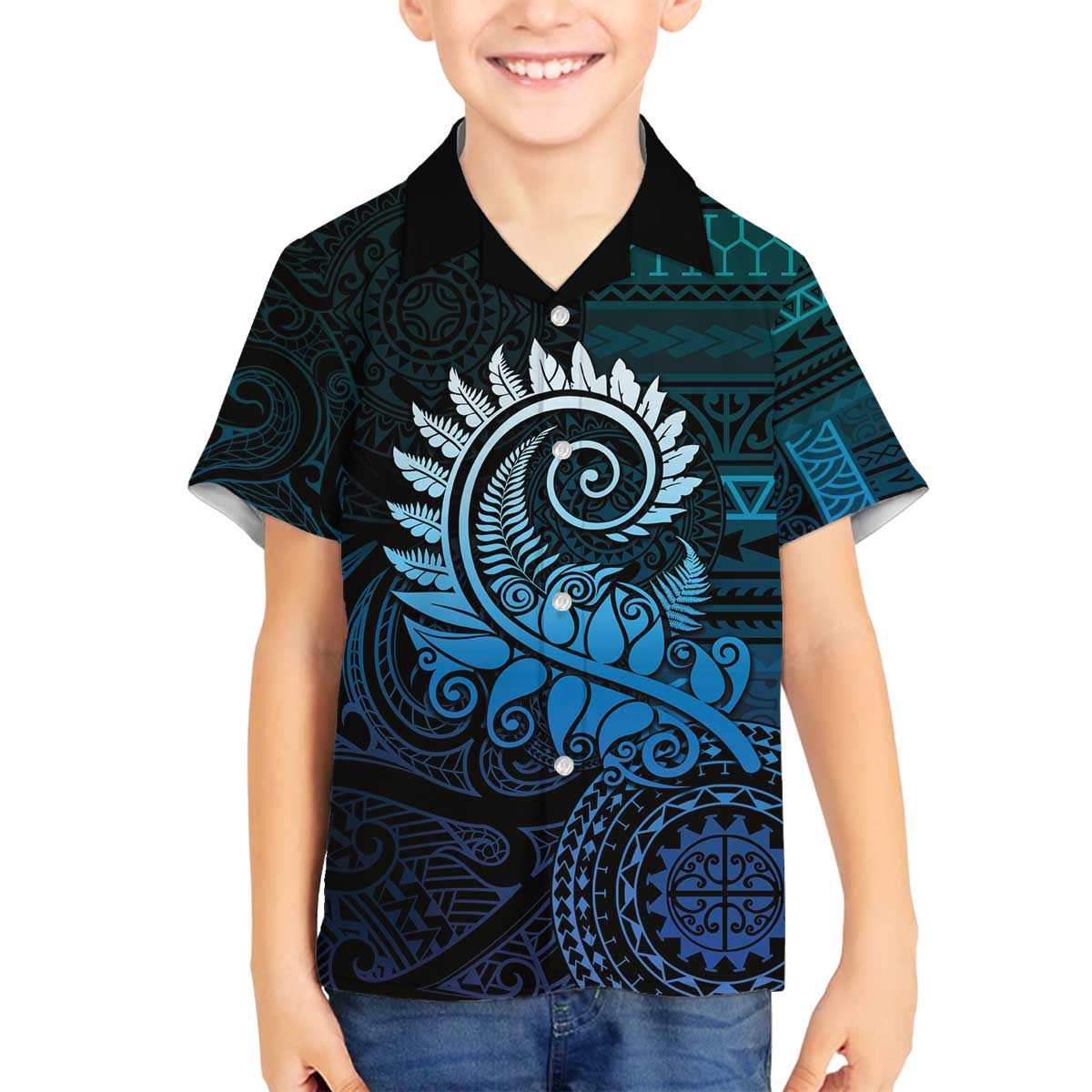 New Zealand Maori Koru Fern Family Matching Off The Shoulder Long Sleeve Dress and Hawaiian Shirt Spiral Polynesian Style Aqua Gradient