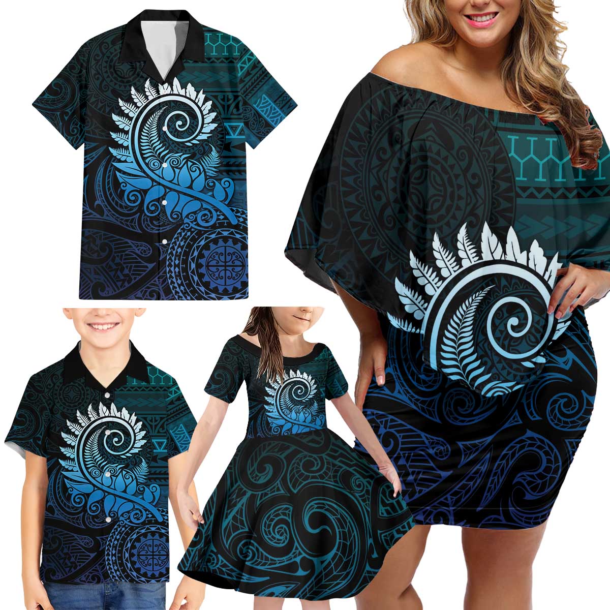 New Zealand Maori Koru Fern Family Matching Off Shoulder Short Dress and Hawaiian Shirt Spiral Polynesian Style Aqua Gradient