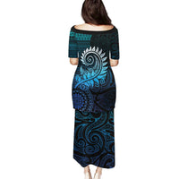 New Zealand Maori Koru Fern Family Matching Puletasi and Hawaiian Shirt Spiral Polynesian Style Aqua Gradient