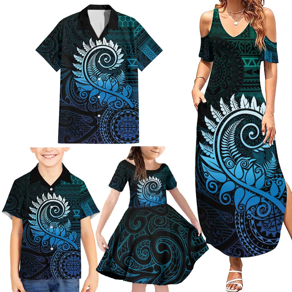 New Zealand Maori Koru Fern Family Matching Summer Maxi Dress and Hawaiian Shirt Spiral Polynesian Style Aqua Gradient LT05 - Polynesian Pride