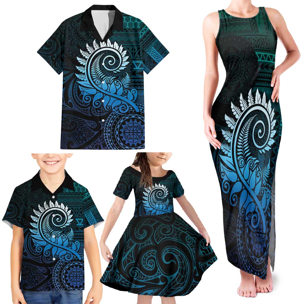 New Zealand Maori Koru Fern Family Matching Tank Maxi Dress and Hawaiian Shirt Spiral Polynesian Style Aqua Gradient