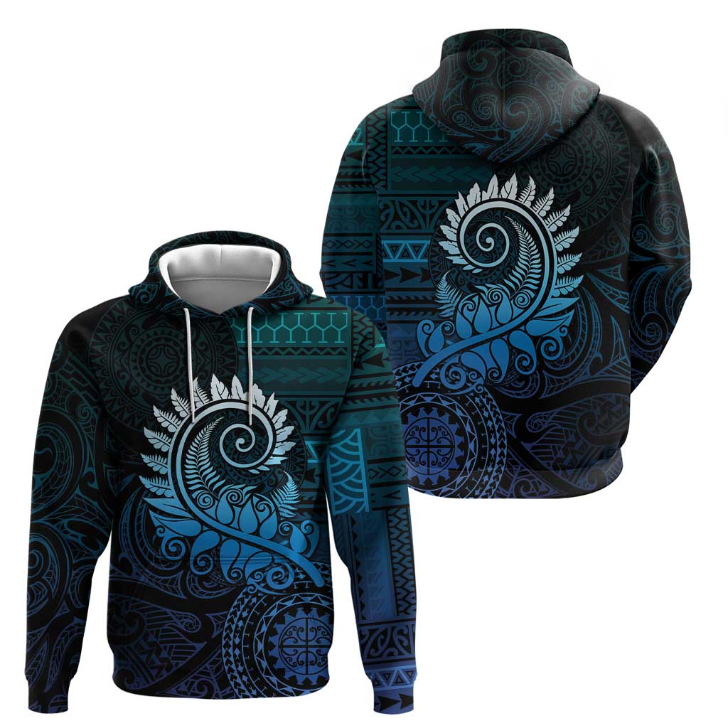 New Zealand Maori Koru Fern Hoodie Spiral Polynesian Style Aqua Gradient