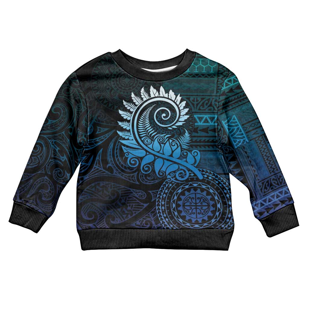 New Zealand Maori Koru Fern Kid Ugly Christmas Sweater Spiral Polynesian Style Aqua Gradient