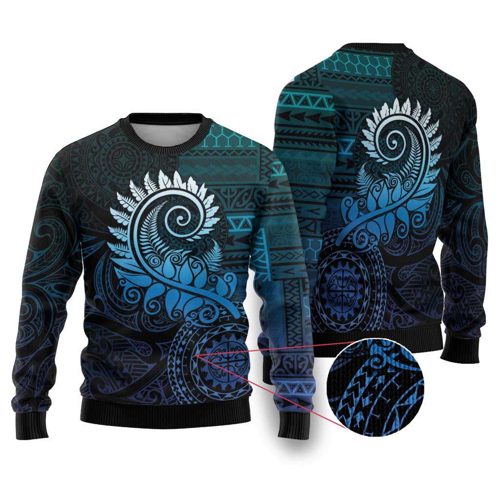 New Zealand Maori Koru Fern Ugly Christmas Sweater Spiral Polynesian Style Aqua Gradient