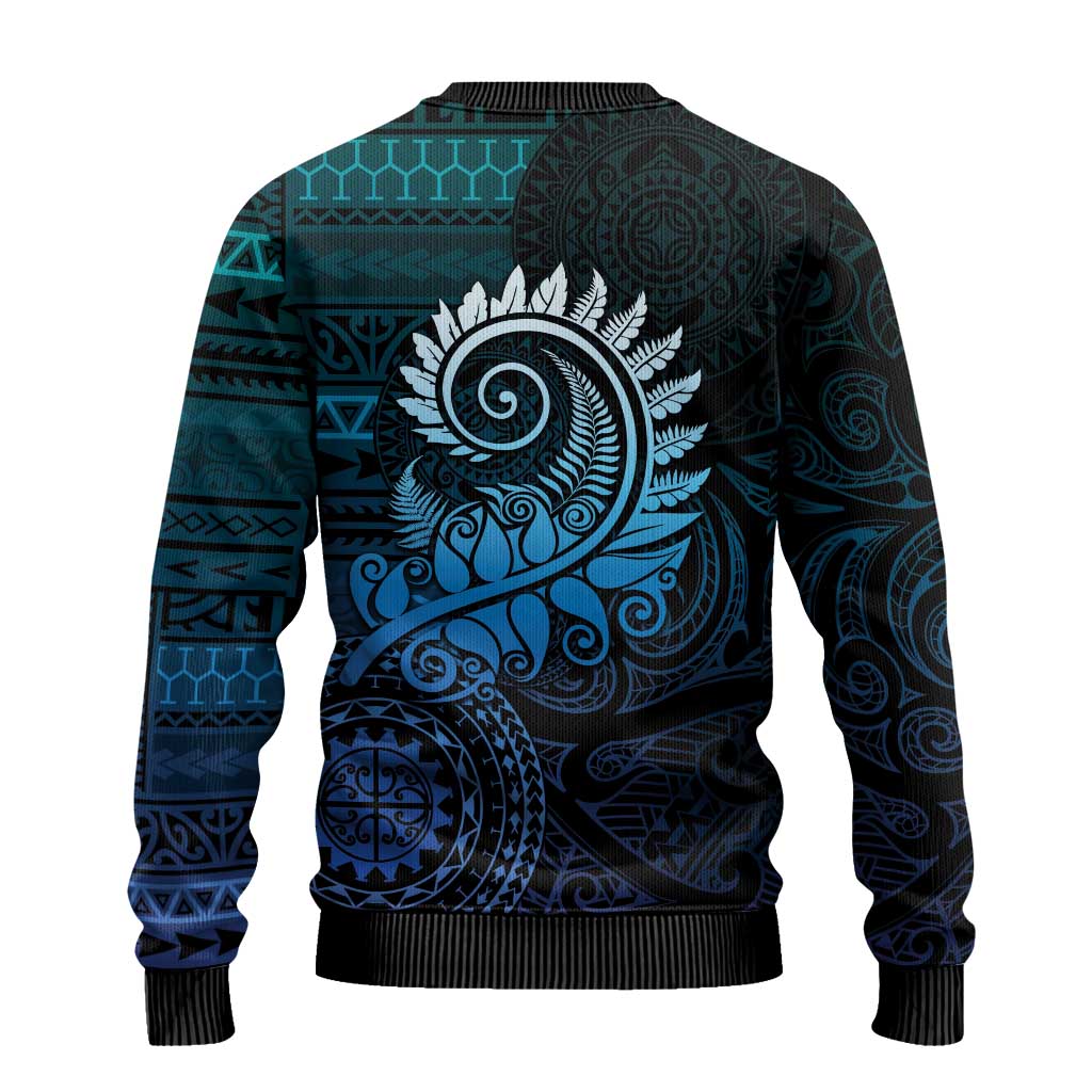 New Zealand Maori Koru Fern Ugly Christmas Sweater Spiral Polynesian Style Aqua Gradient
