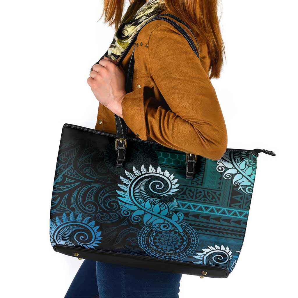 New Zealand Maori Koru Fern Leather Tote Bag Spiral Polynesian Style Aqua Gradient