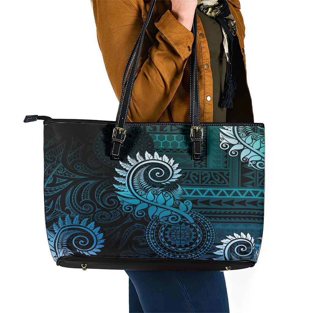 New Zealand Maori Koru Fern Leather Tote Bag Spiral Polynesian Style Aqua Gradient LT05 - Polynesian Pride