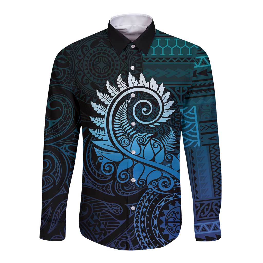 New Zealand Maori Koru Fern Long Sleeve Button Shirt Spiral Polynesian Style Aqua Gradient