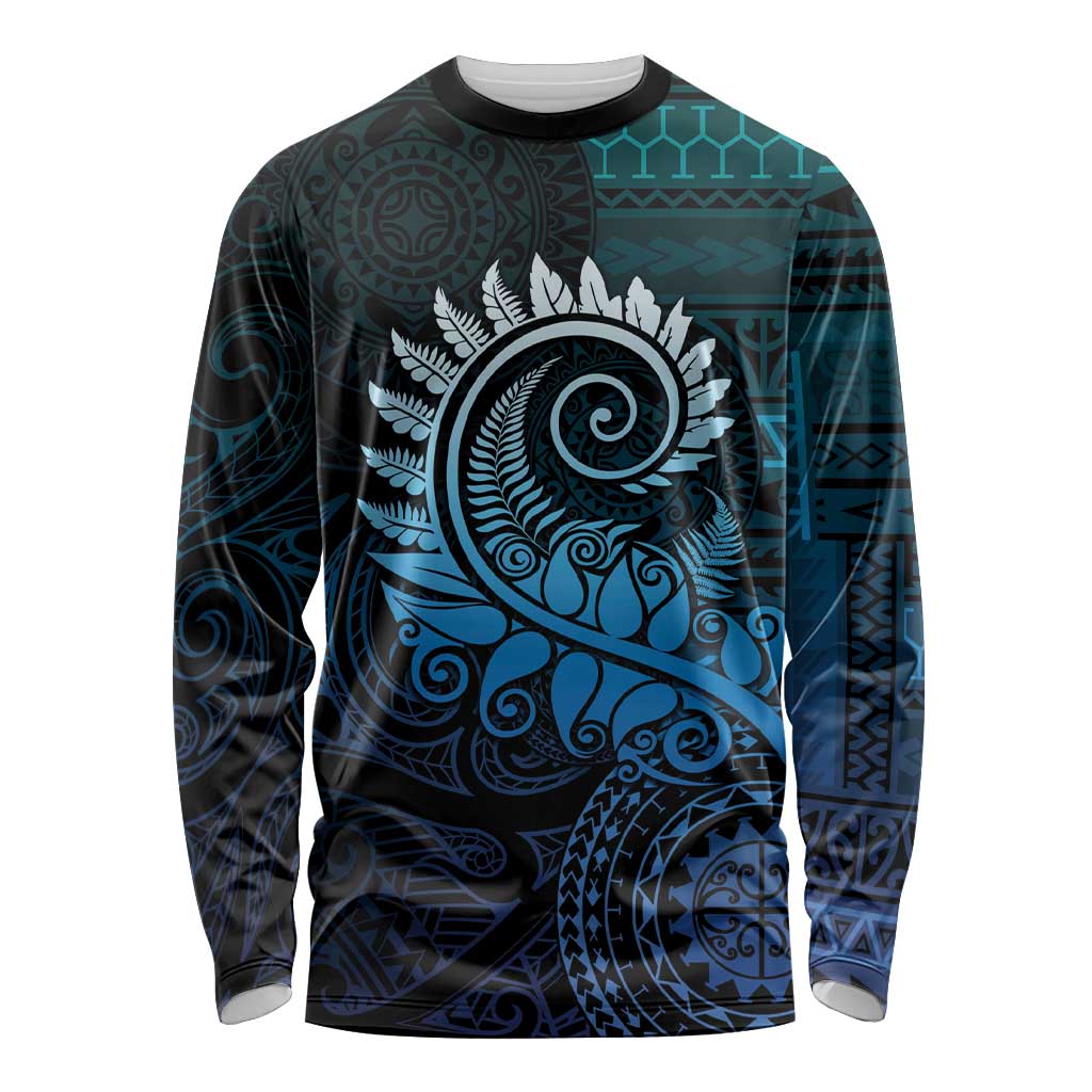 New Zealand Maori Koru Fern Long Sleeve Shirt Spiral Polynesian Style Aqua Gradient