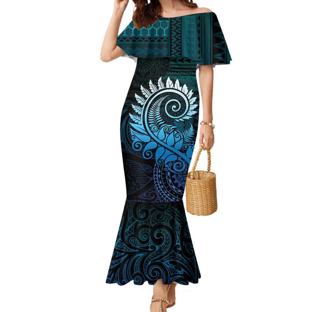 New Zealand Maori Koru Fern Mermaid Dress Spiral Polynesian Style Aqua Gradient