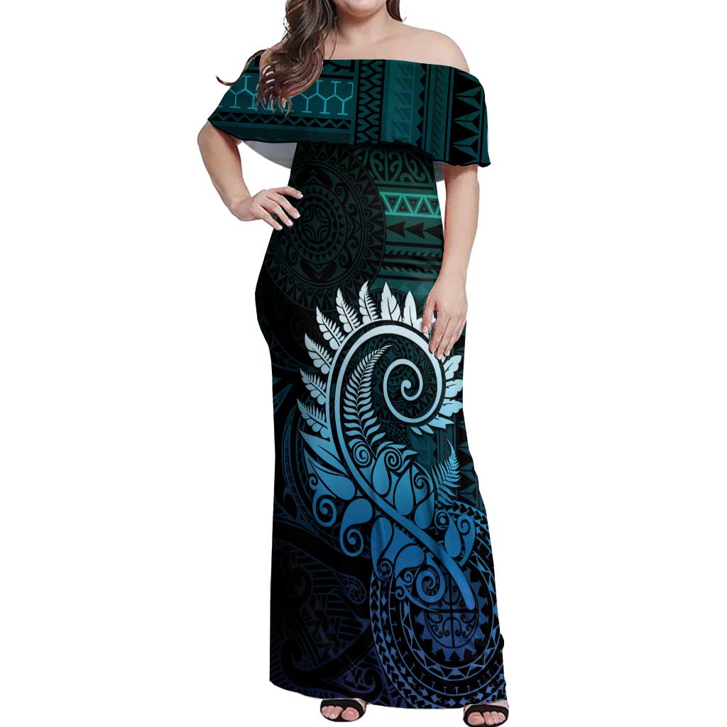 New Zealand Maori Koru Fern Off Shoulder Maxi Dress Spiral Polynesian Style Aqua Gradient