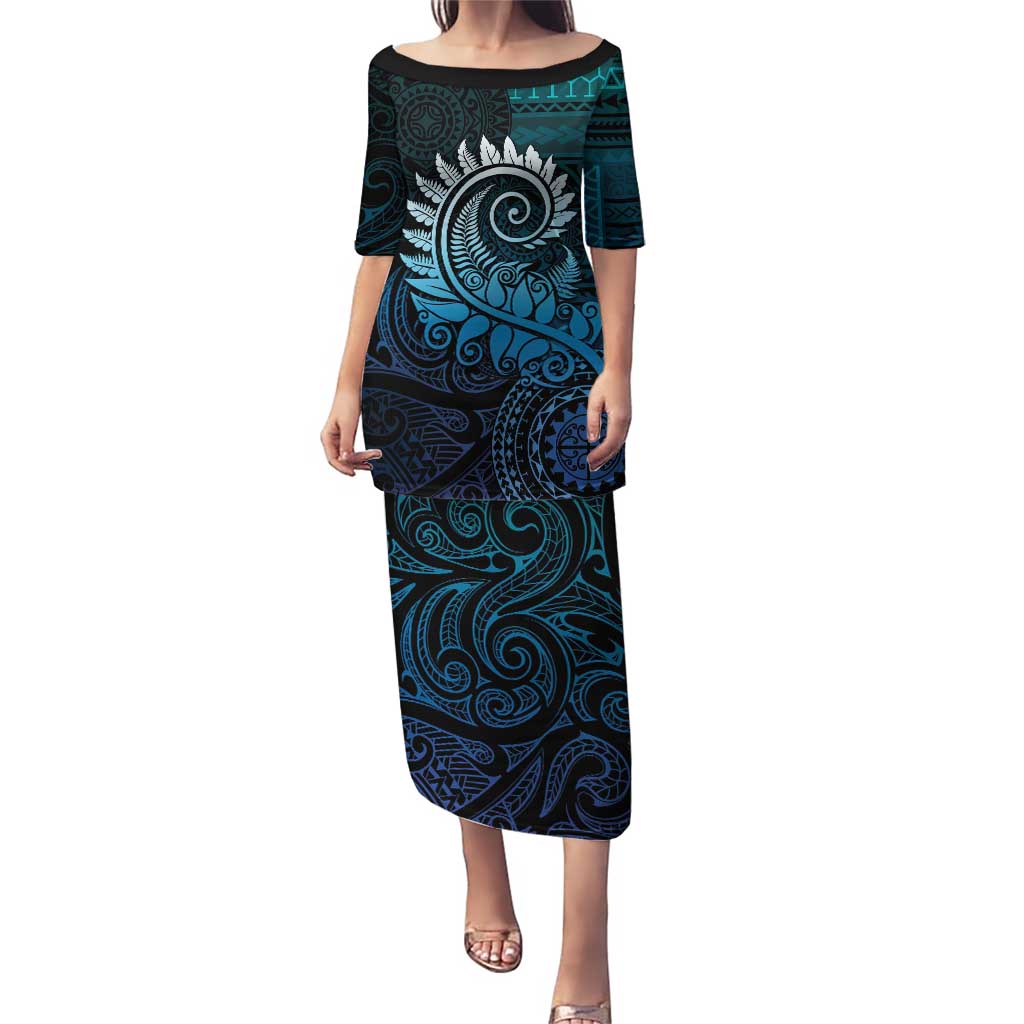 New Zealand Maori Koru Fern Puletasi Spiral Polynesian Style Aqua Gradient LT05 Long Dress Aqua - Polynesian Pride