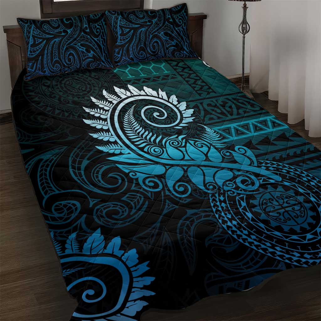 New Zealand Maori Koru Fern Quilt Bed Set Spiral Polynesian Style Aqua Gradient