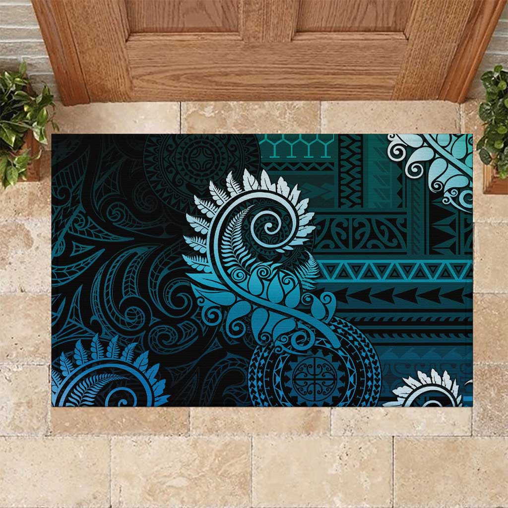 New Zealand Maori Koru Fern Rubber Doormat Spiral Polynesian Style Aqua Gradient