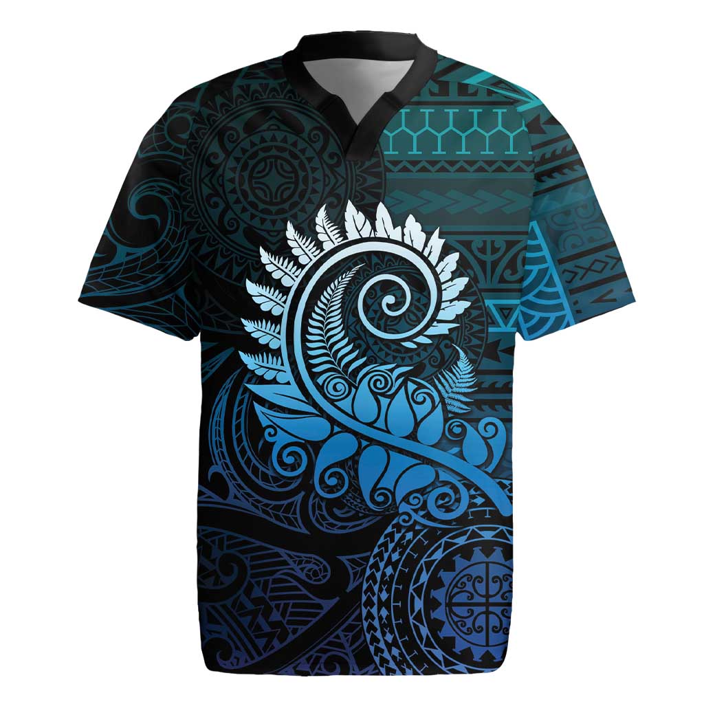 New Zealand Maori Koru Fern Rugby Jersey Spiral Polynesian Style Aqua Gradient