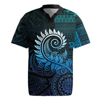 New Zealand Maori Koru Fern Rugby Jersey Spiral Polynesian Style Aqua Gradient