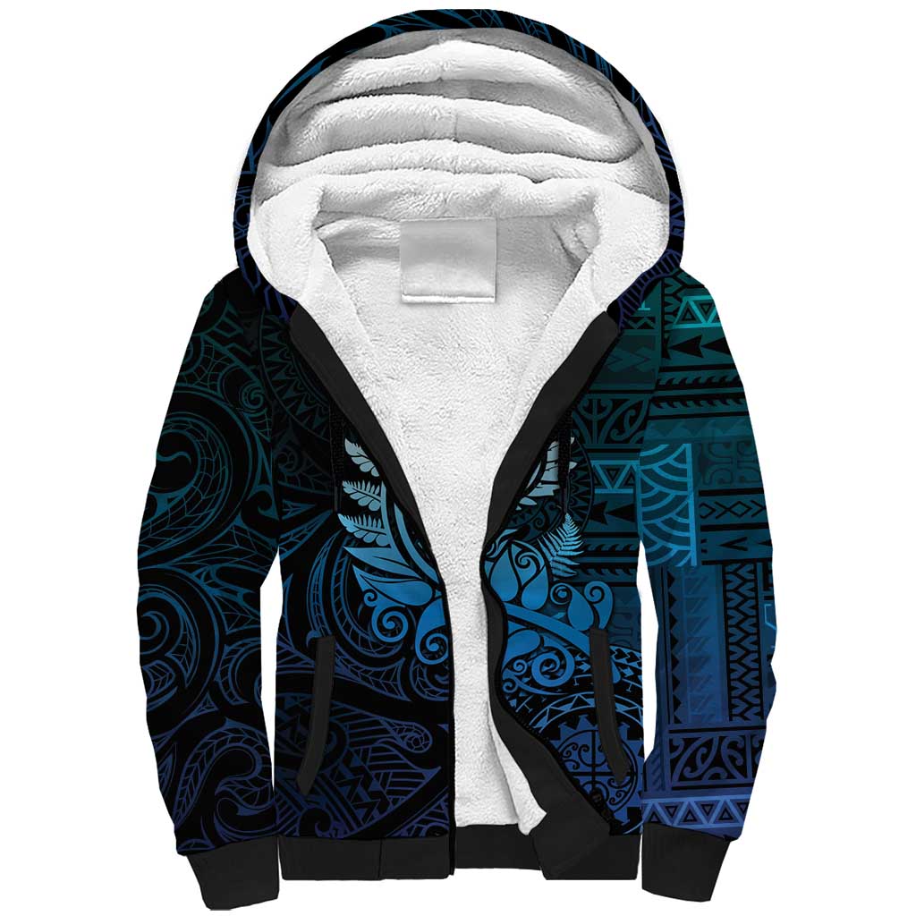 New Zealand Maori Koru Fern Sherpa Hoodie Spiral Polynesian Style Aqua Gradient