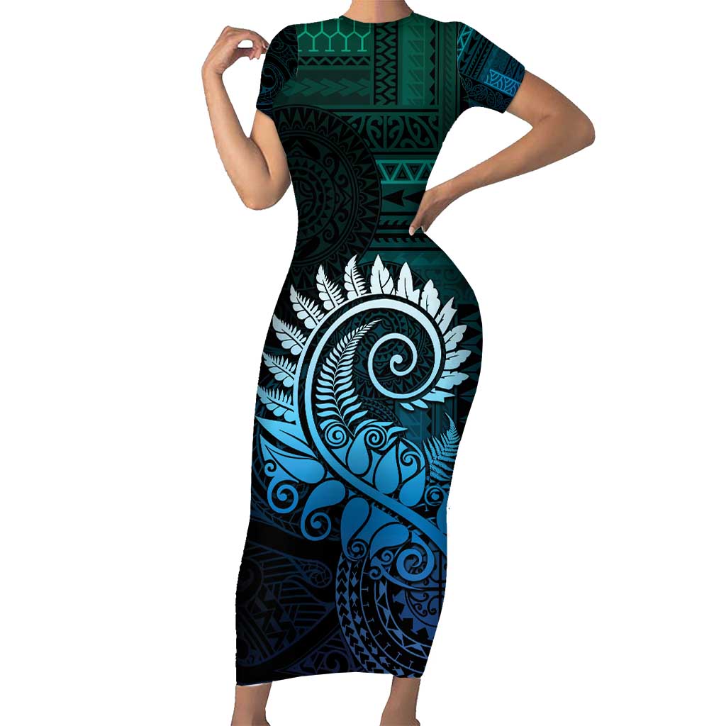 New Zealand Maori Koru Fern Short Sleeve Bodycon Dress Spiral Polynesian Style Aqua Gradient